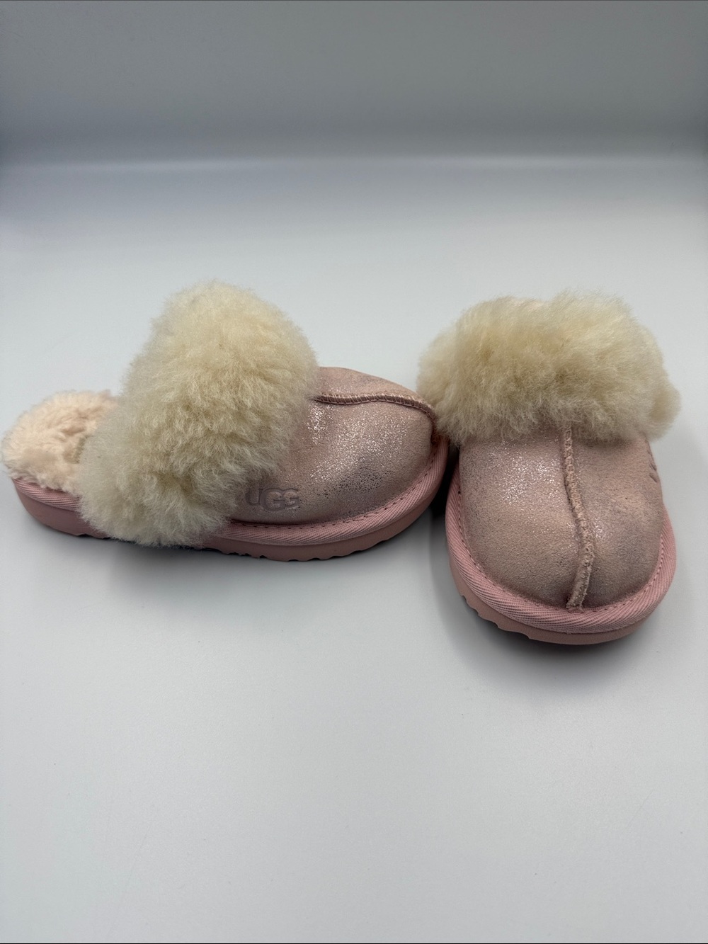 UGG Pink Sparkle Shearling Clog Slides with Cream Fur Trim